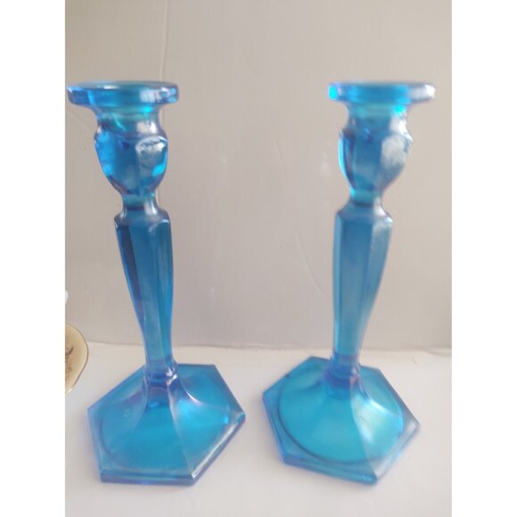 Vintage Fenton Celeste Blue Stretch Glass Candle holders(2) Model 449 - Picture 3 of 14